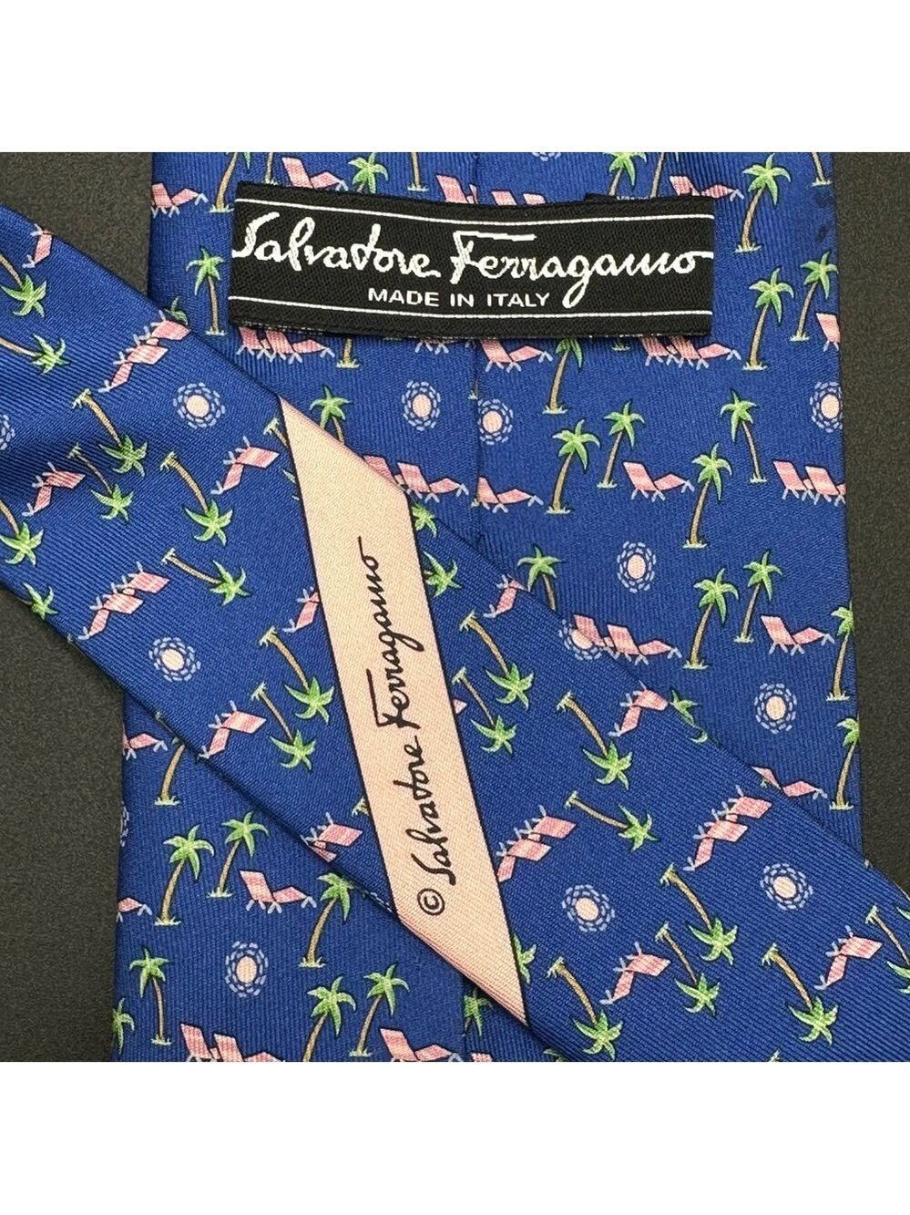 Ferragamo Silk Tie Blue Pink & Green with Palm Trees Lounge Chairs & the Sun - Picture 8 of 16
